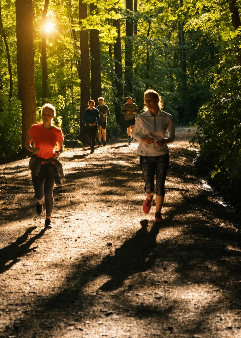 Zwei Läuferinnen auf einem Waldweg im warmen Abendlicht, hinter ihnen weitere Laufende.