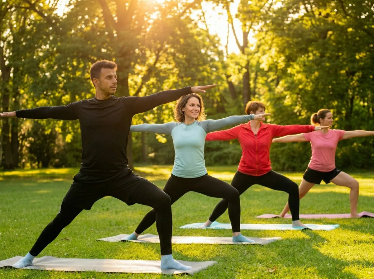 Eine Yogagruppe steht im Krieger auf der Wiese.